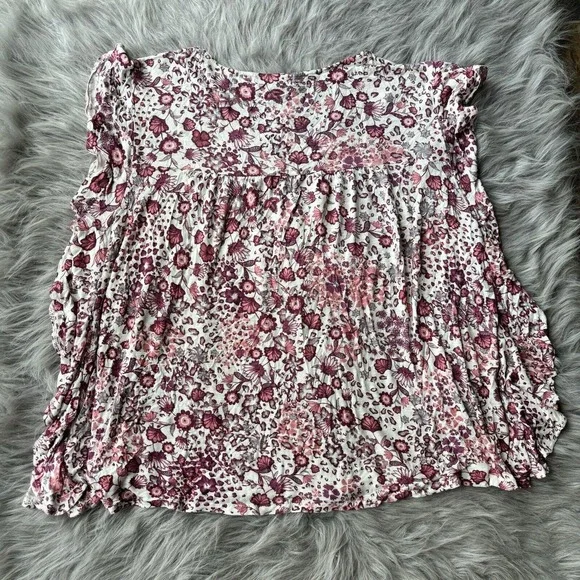 RXB Blouse Sz XL Cream Pink Floral Scoop Neck Short Flutter Sleeve Top Summer - Picture 6 of 8